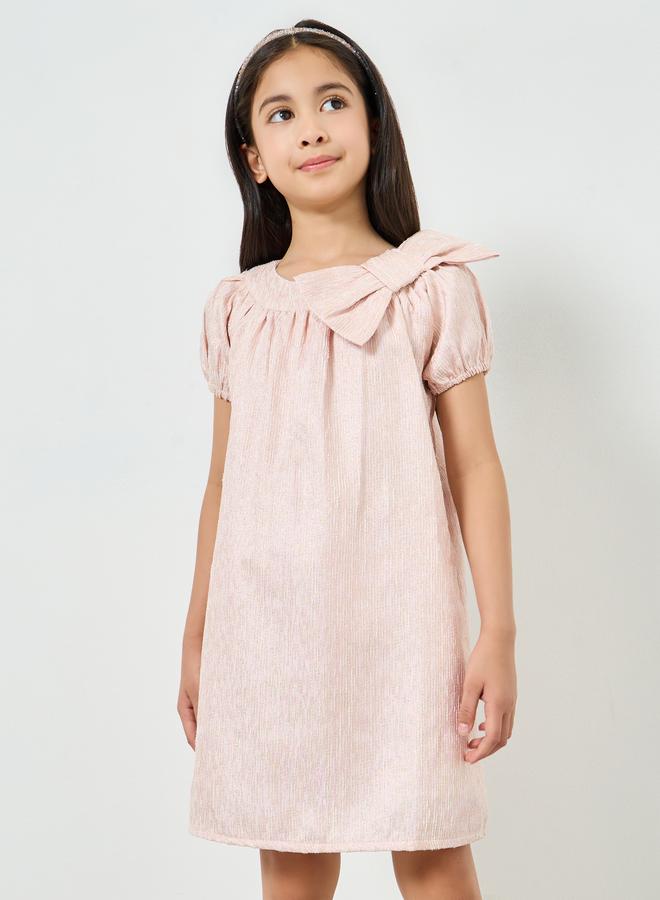 Styli Girls Pink A-Line Dress with Bow Detail - Image 1